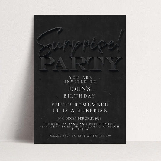 Surprise Birthday Invitation, Black Simple Invite for Him , Surprise Party, editable template, Instant Download SE19
