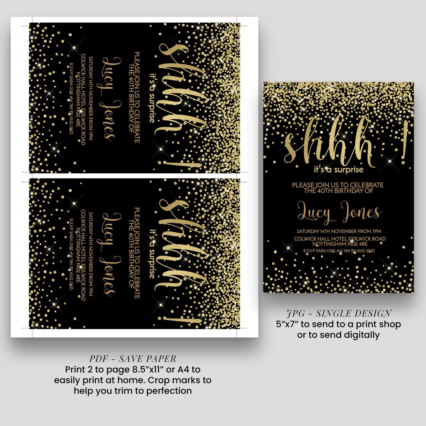 a black and gold wedding card with gold glitter