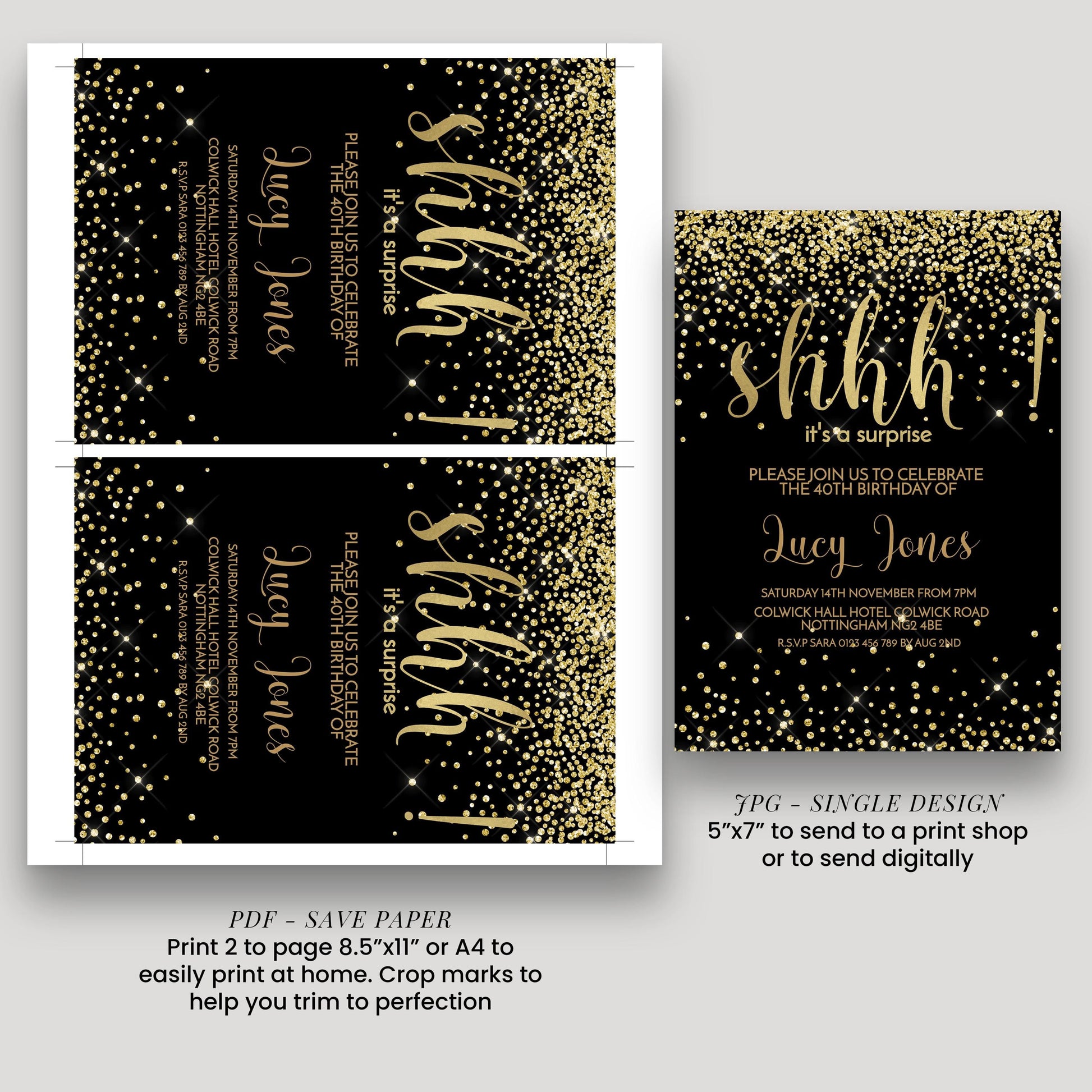 a black and gold wedding card with gold glitter