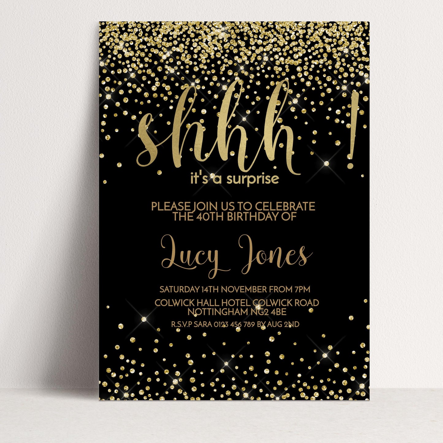 The image is a birthday party invitation with a black background and gold glitter. The text invites guests to a surprise birthday party for the 40th birthday of Lucy Jones.