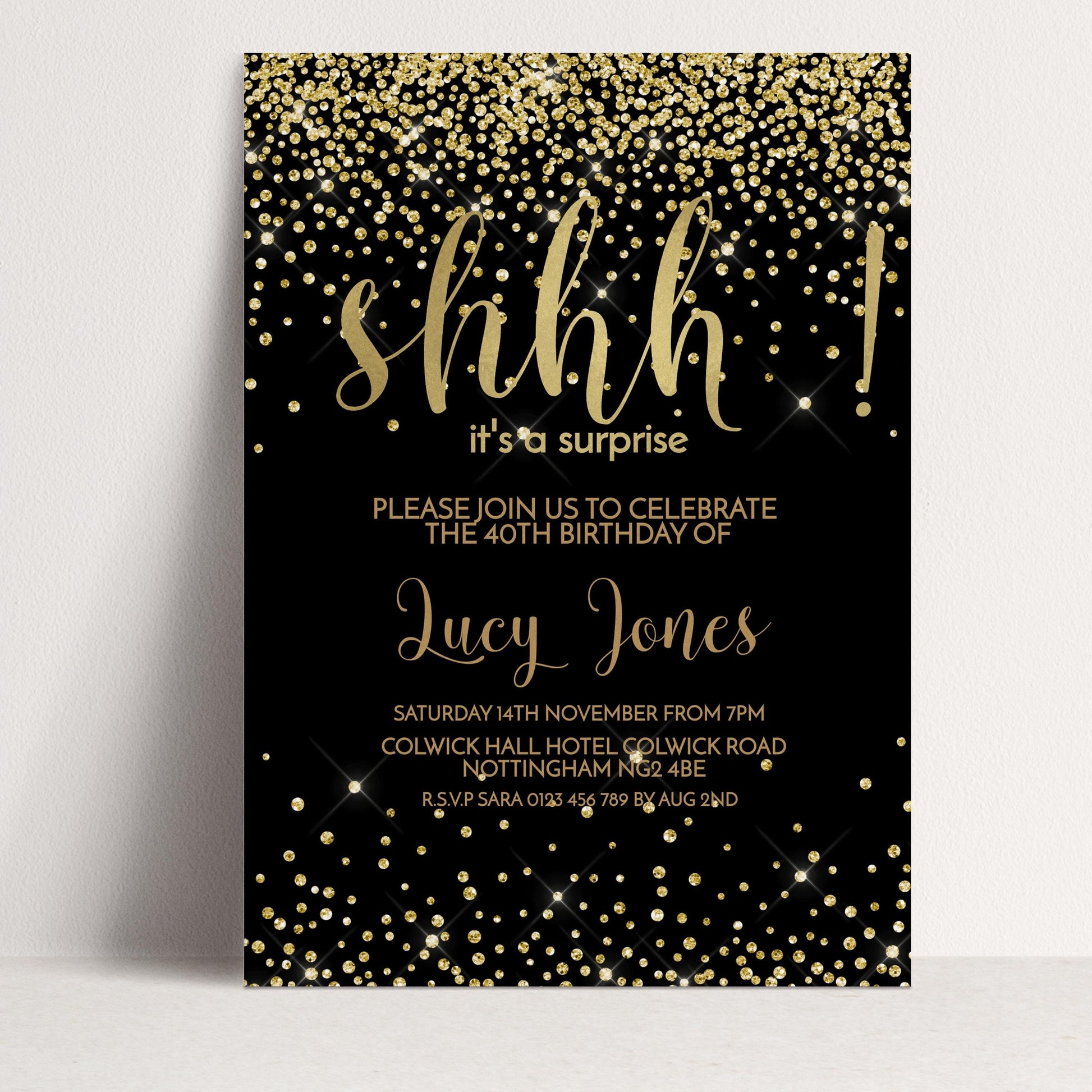 The image is a birthday party invitation with a black background and gold glitter. The text invites guests to a surprise birthday party for the 40th birthday of Lucy Jones.