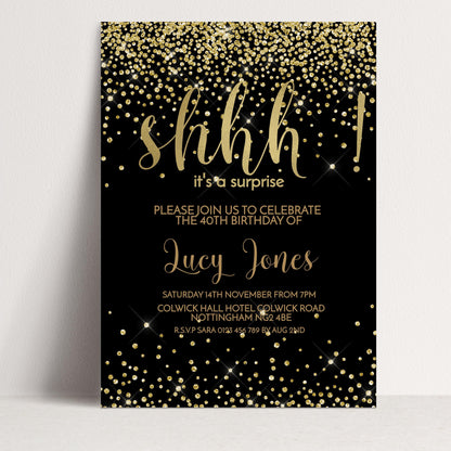 The image is a birthday party invitation with a black background and gold glitter. The text invites guests to a surprise birthday party for the 40th birthday of Lucy Jones.