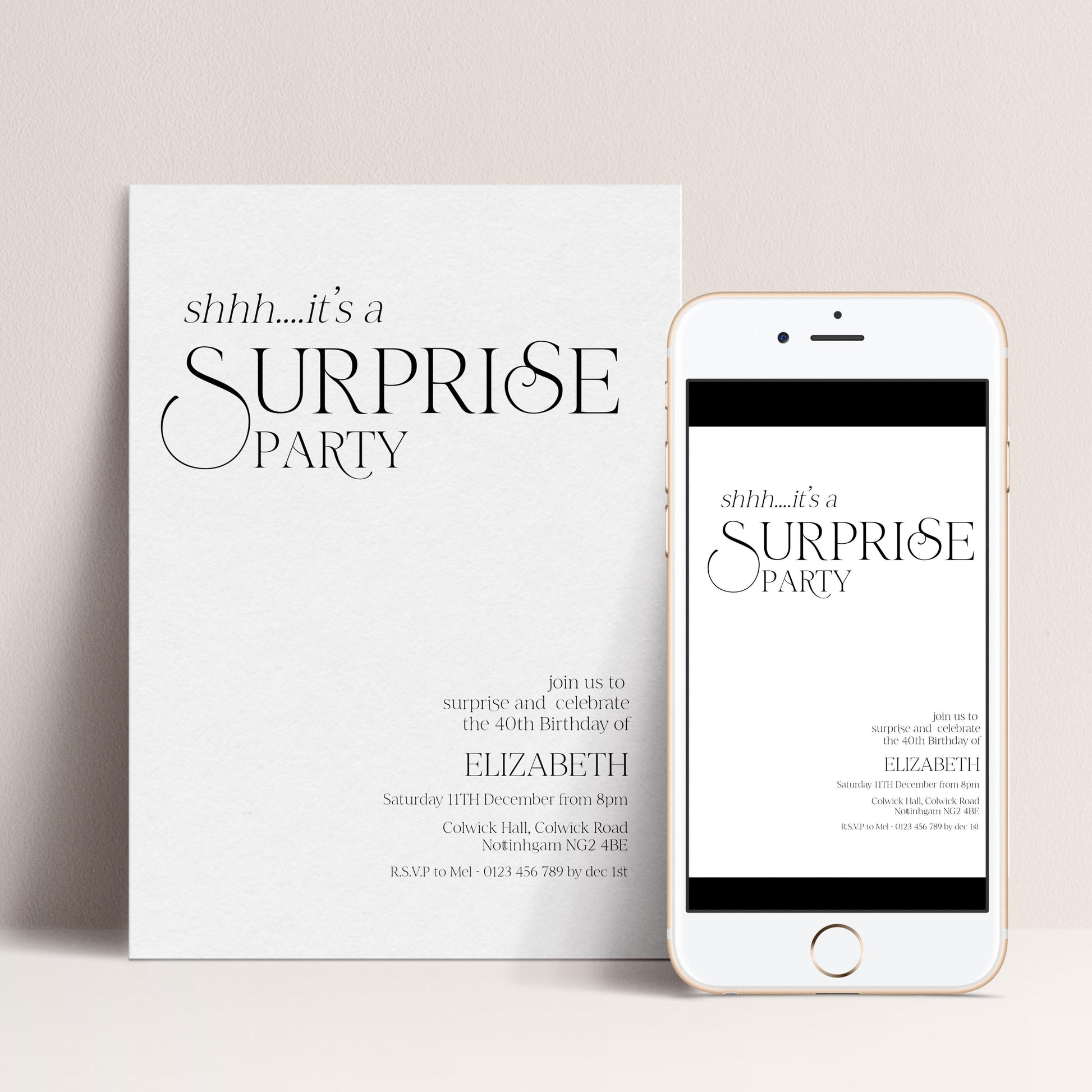 Surprise Party Invitation, 40th Birthday Surprise Invite, White Elegant Birthday Invite, Editable Corjl Template