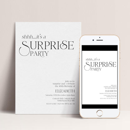 Surprise Party Invitation, 40th Birthday Surprise Invite, White Elegant Birthday Invite, Editable Corjl Template