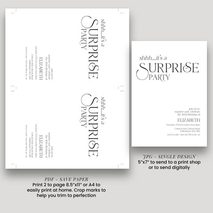 Surprise Party Invitation, 40th Birthday Surprise Invite, White Elegant Birthday Invite, Editable Corjl Template
