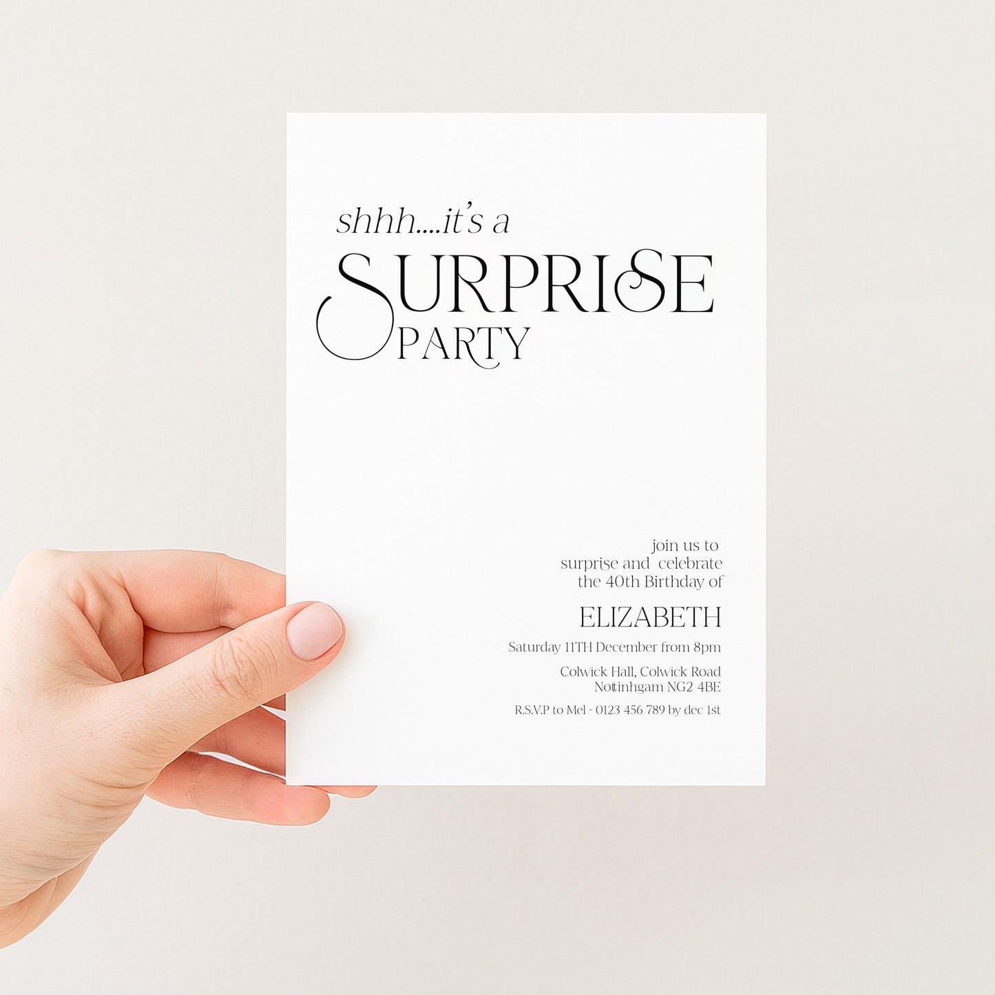 Surprise Party Invitation, 40th Birthday Surprise Invite, White Elegant Birthday Invite, Editable Corjl Template