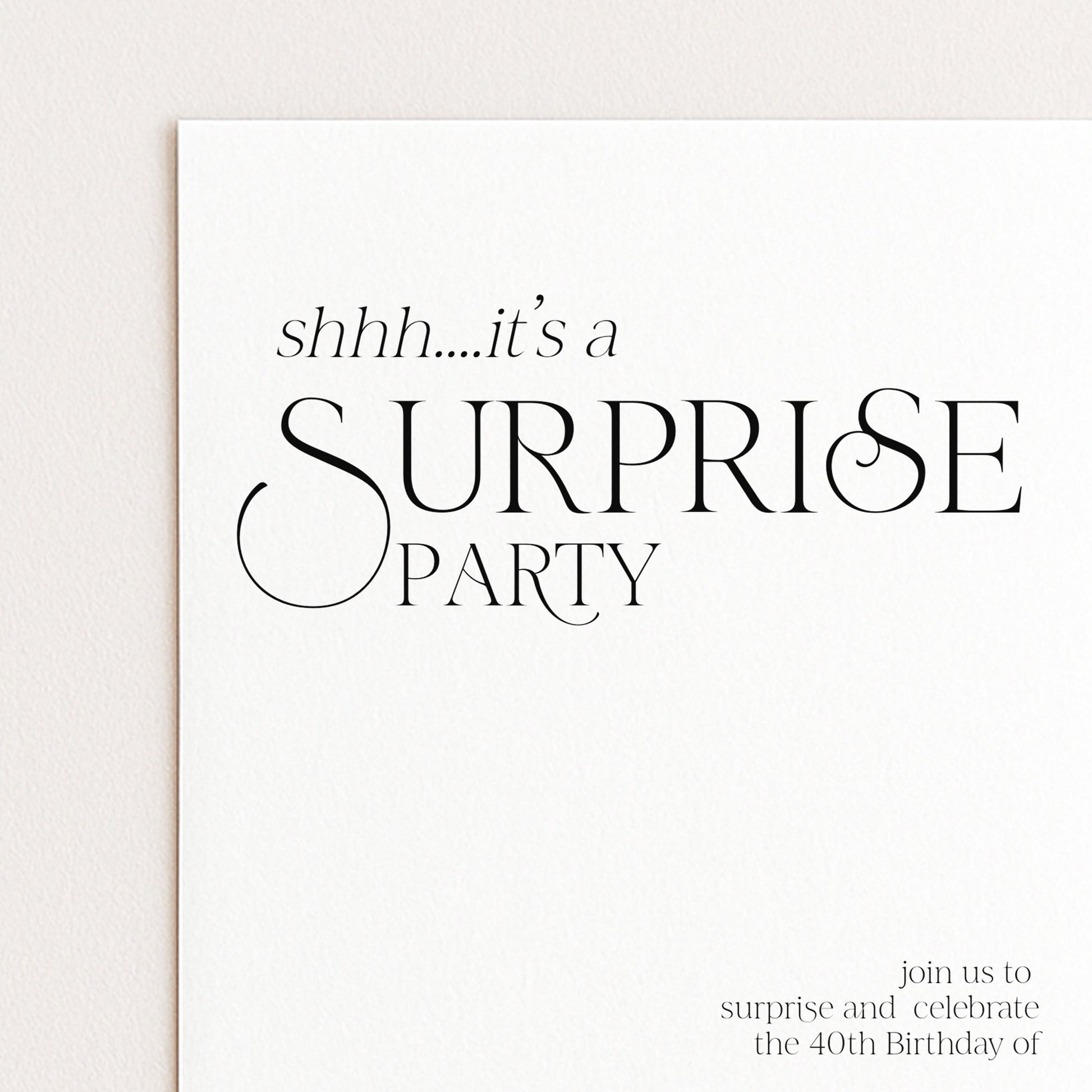 Surprise Party Invitation, 40th Birthday Surprise Invite, White Elegant Birthday Invite, Editable Corjl Template