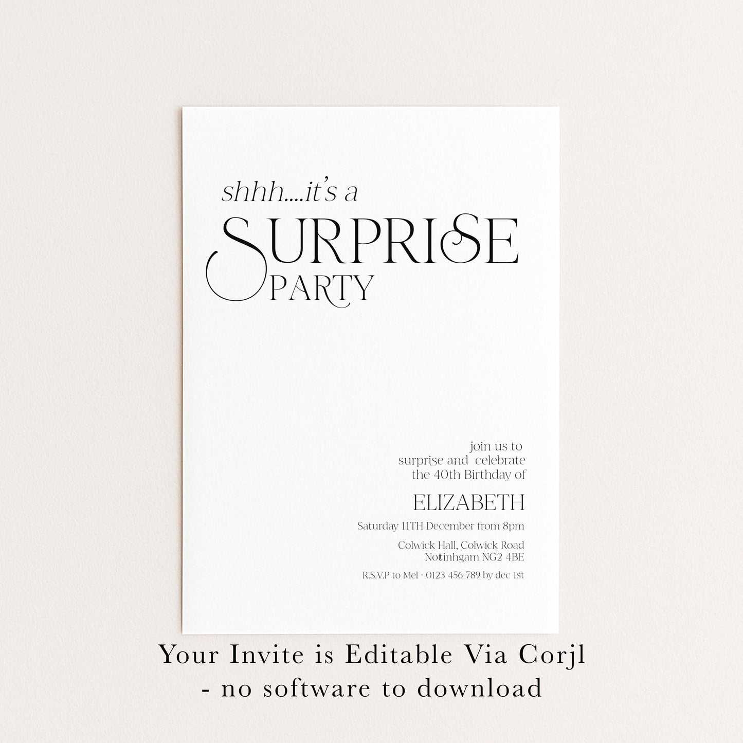 Surprise Party Invitation, 40th Birthday Surprise Invite, White Elegant Birthday Invite, Editable Corjl Template
