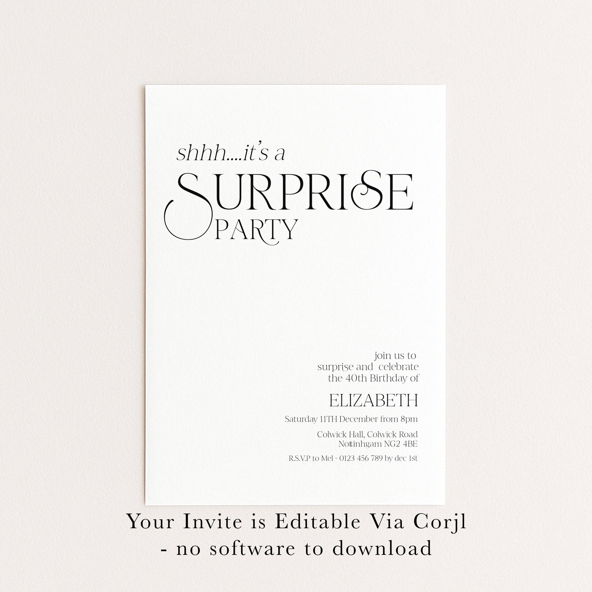 Surprise Party Invitation, 40th Birthday Surprise Invite, White Elegant Birthday Invite, Editable Corjl Template