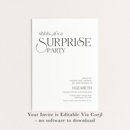 Surprise Party Invitation, 40th Birthday Surprise Invite, White Elegant Birthday Invite, Editable Corjl Template