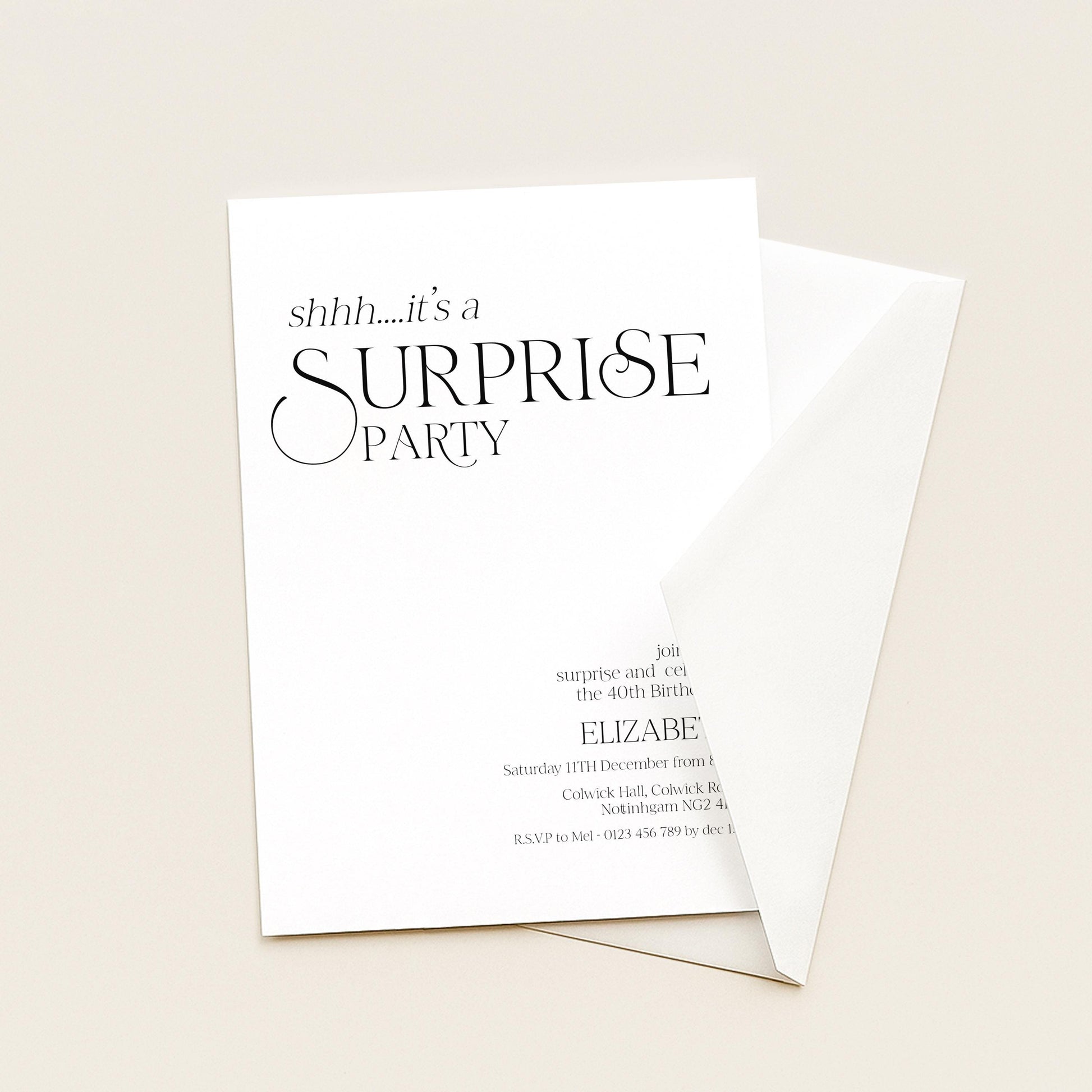 Surprise Party Invitation, 40th Birthday Surprise Invite, White Elegant Birthday Invite, Editable Corjl Template