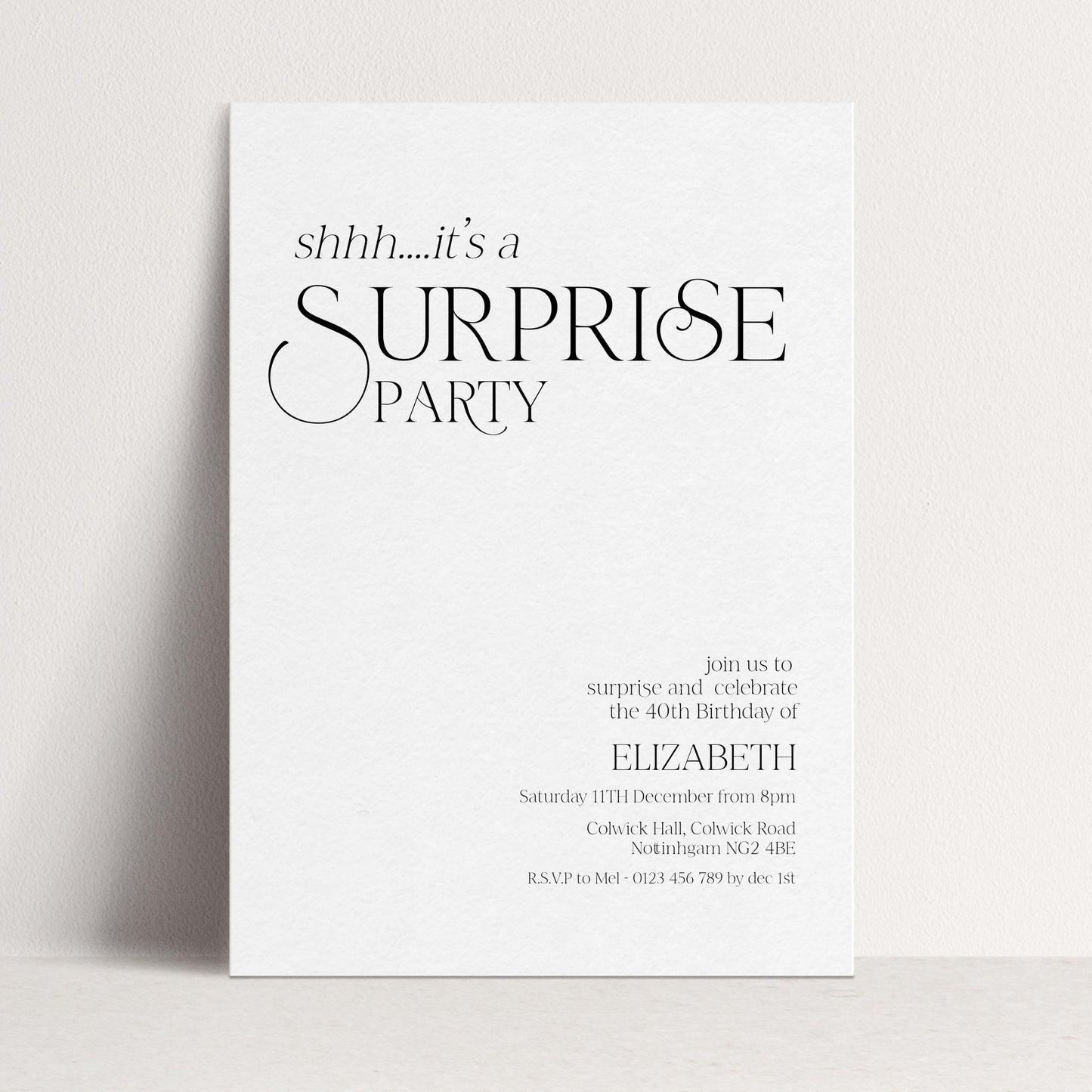 Surprise Party Invitation, 40th Birthday Surprise Invite, White Elegant Birthday Invite, Editable Corjl Template