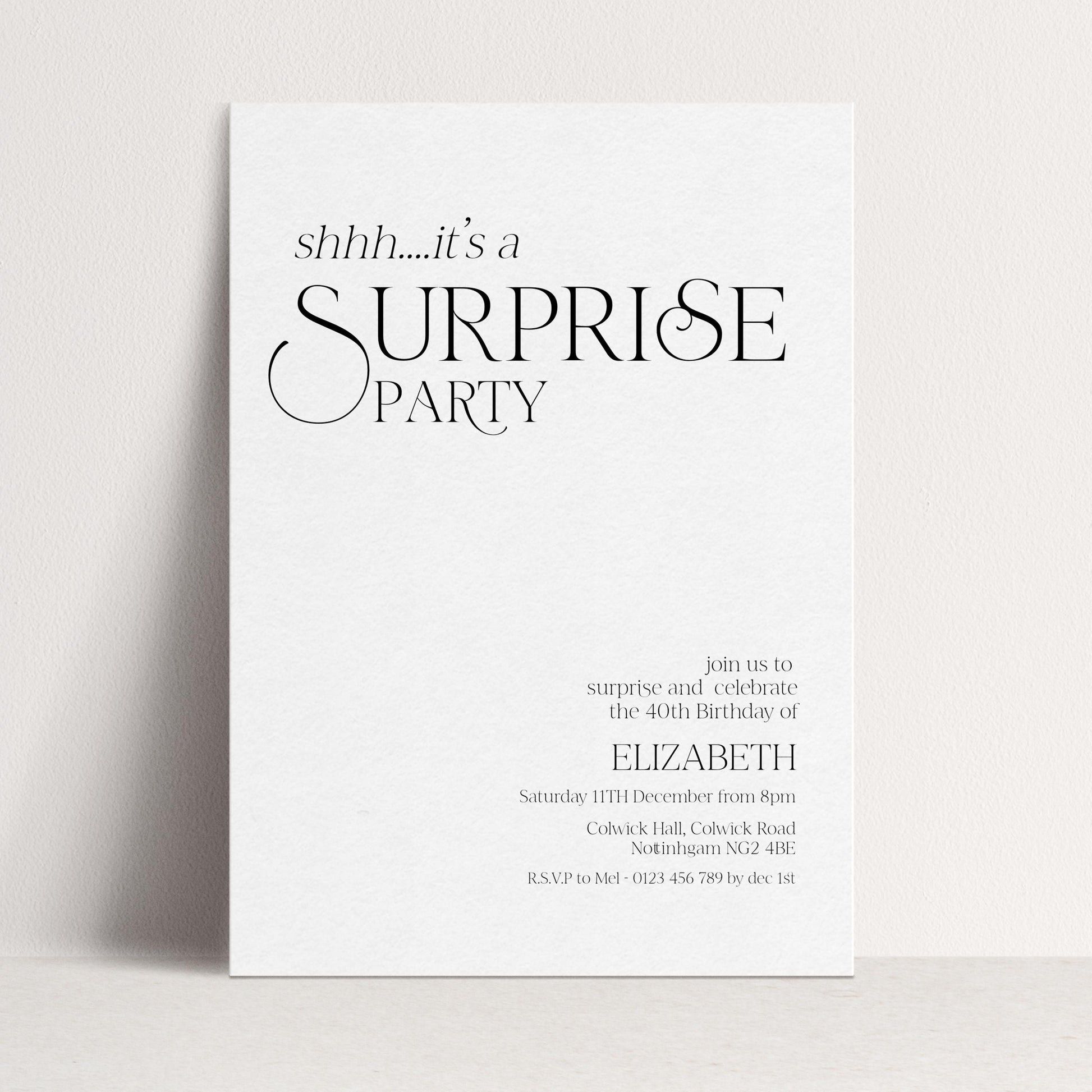 Surprise Party Invitation, 40th Birthday Surprise Invite, White Elegant Birthday Invite, Editable Corjl Template