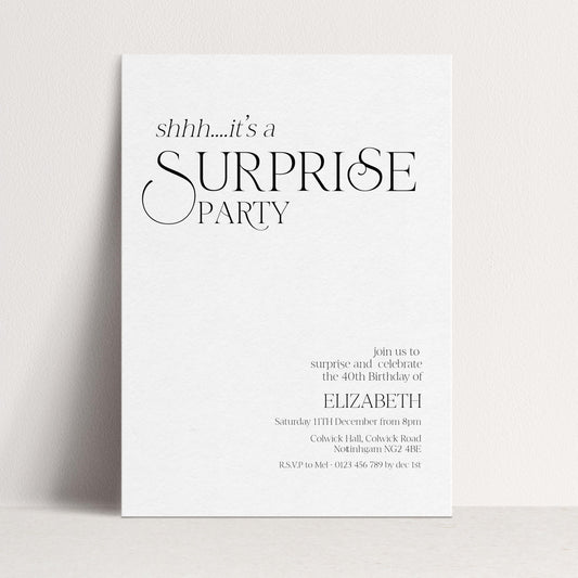 Surprise Party Invitation, 40th Birthday Surprise Invite, White Elegant Birthday Invite, Editable Corjl Template
