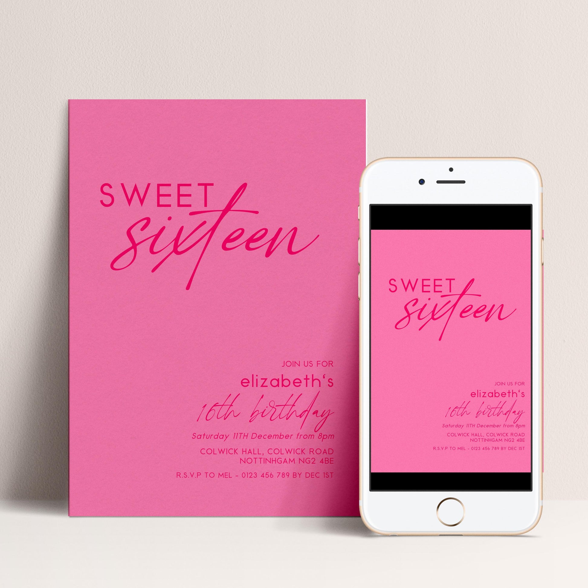 Sweet 16 Birthday Invitation Template, Bright Bold Pink Printable Template 16th Party Editable Digital Download