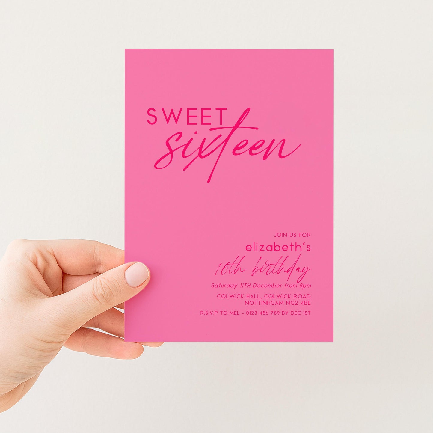 Sweet 16 Birthday Invitation Template, Bright Bold Pink Printable Template 16th Party Editable Digital Download