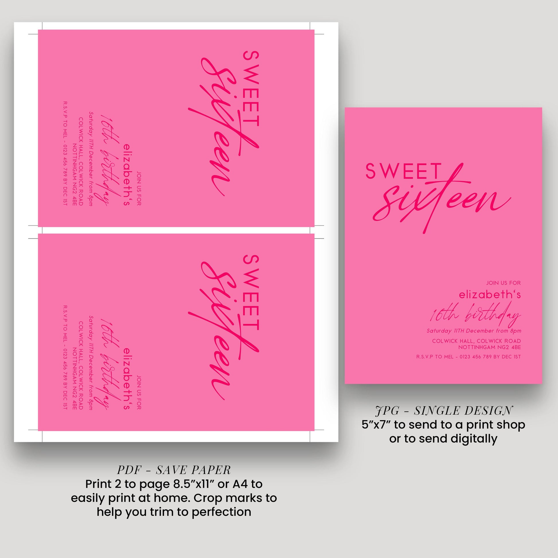 Sweet 16 Birthday Invitation Template, Bright Bold Pink Printable Template 16th Party Editable Digital Download