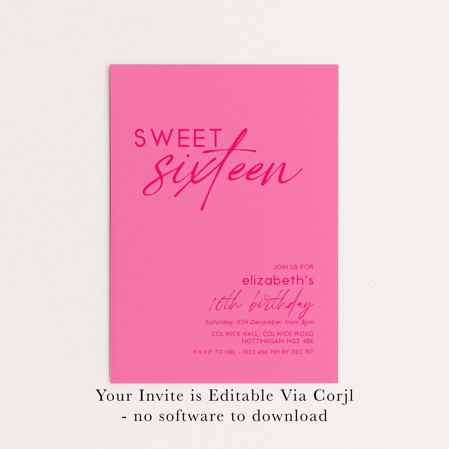 Sweet 16 Birthday Invitation Template, Bright Bold Pink Printable Template 16th Party Editable Digital Download