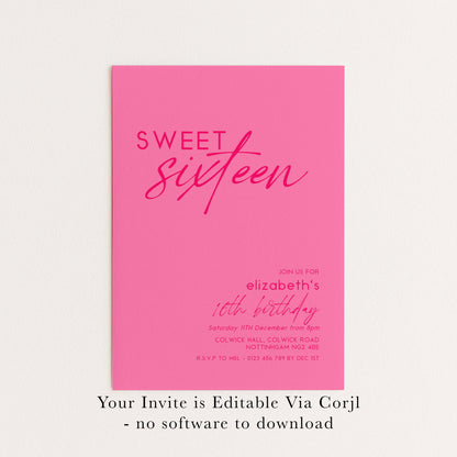 Sweet 16 Birthday Invitation Template, Bright Bold Pink Printable Template 16th Party Editable Digital Download