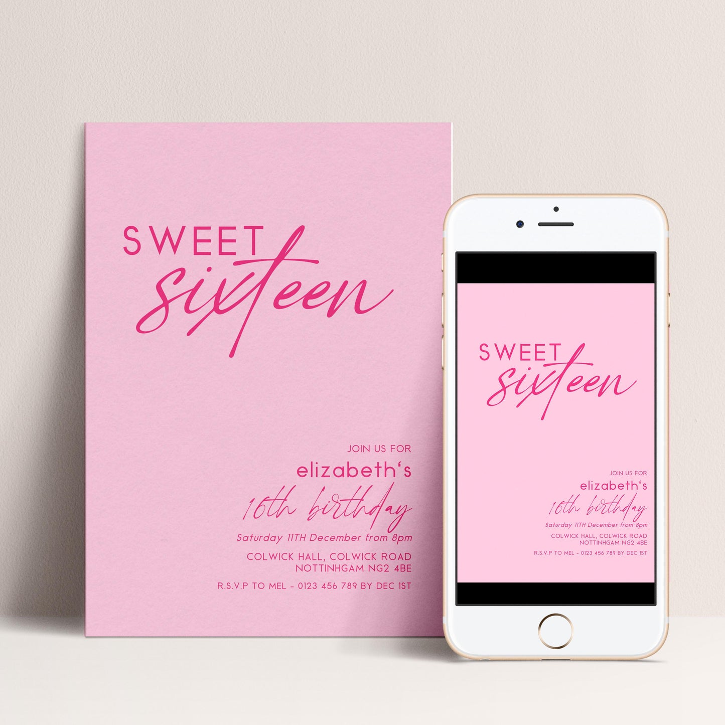 Sweet 16 Birthday Invitation Template, Pastel Pale Pink Printable Template 16th Party Editable Digital Download