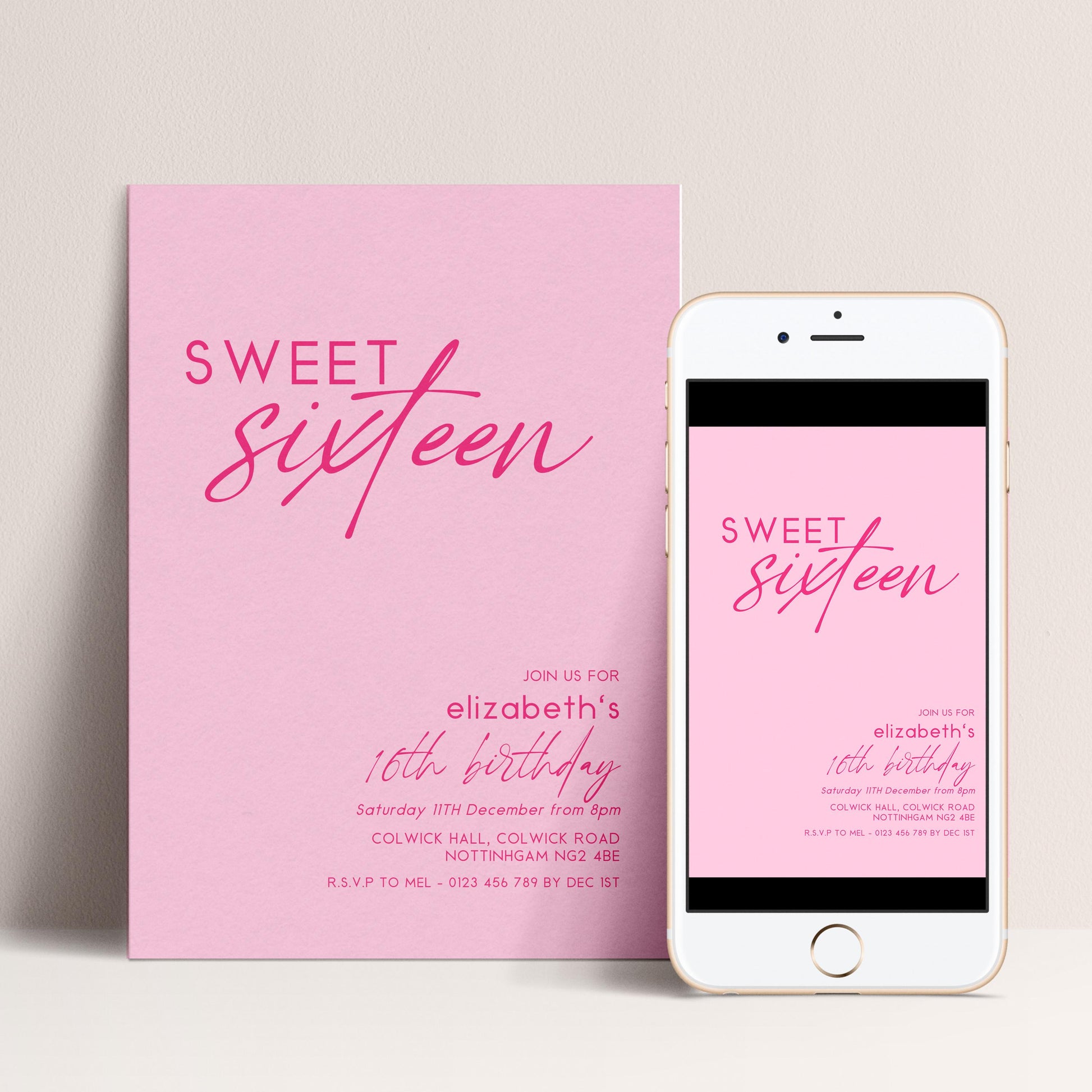 Sweet 16 Birthday Invitation Template, Pastel Pale Pink Printable Template 16th Party Editable Digital Download