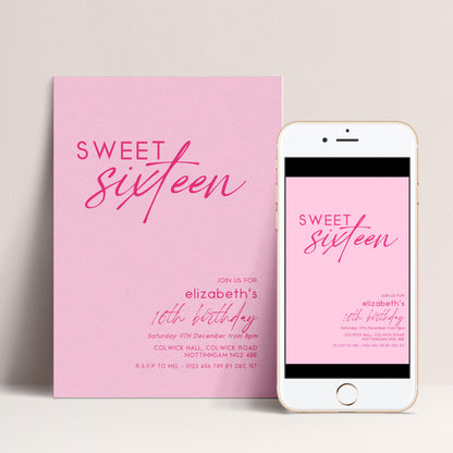 Sweet 16 Birthday Invitation Template, Pastel Pale Pink Printable Template 16th Party Editable Digital Download