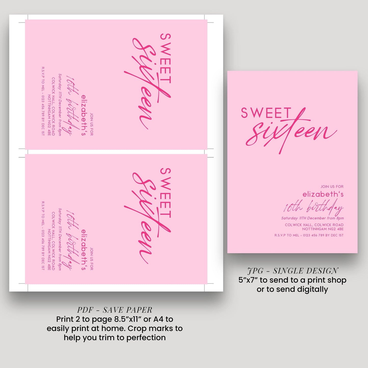Sweet 16 Birthday Invitation Template, Pastel Pale Pink Printable Template 16th Party Editable Digital Download