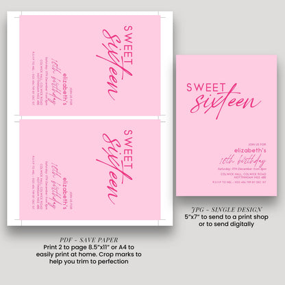 Sweet 16 Birthday Invitation Template, Pastel Pale Pink Printable Template 16th Party Editable Digital Download