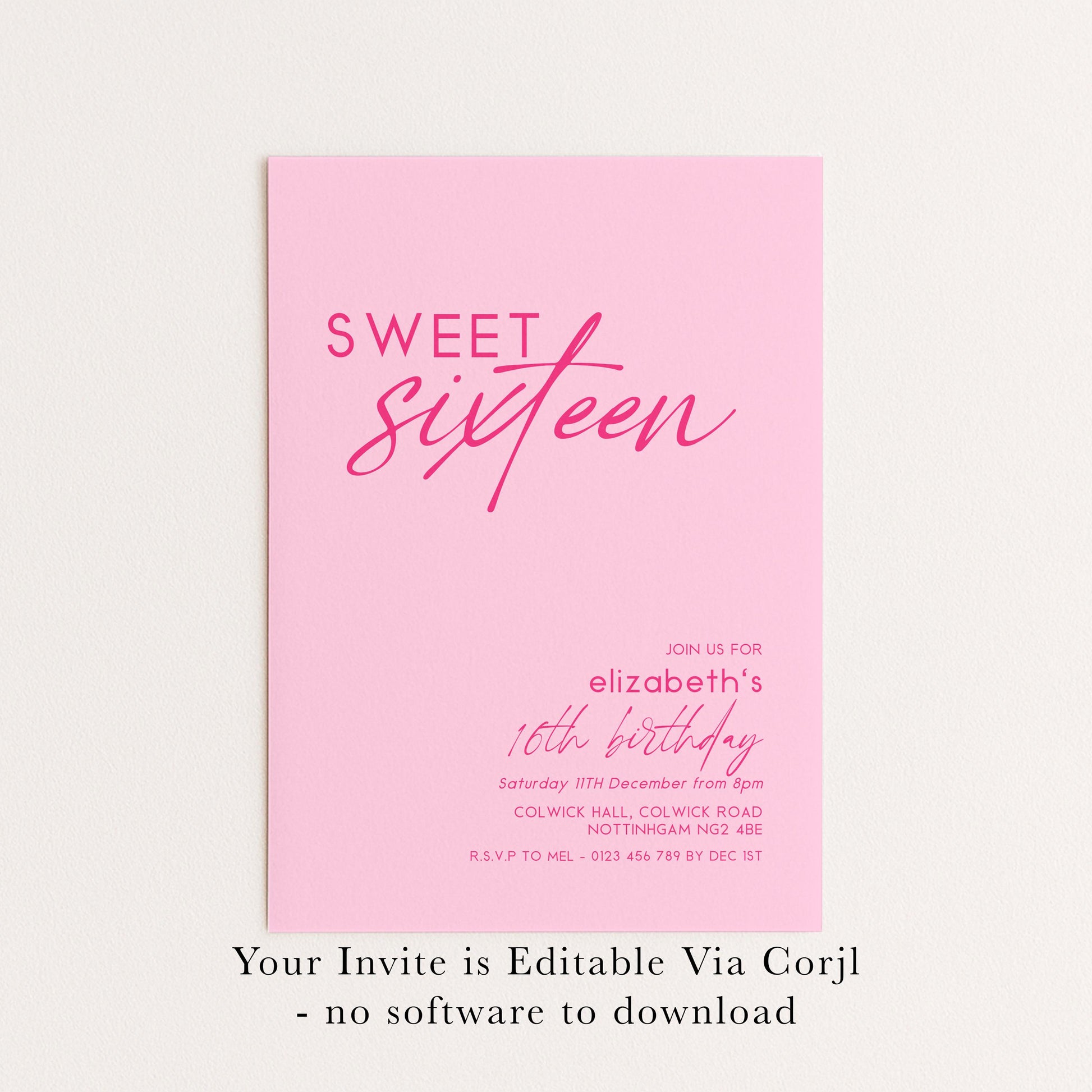 Sweet 16 Birthday Invitation Template, Pastel Pale Pink Printable Template 16th Party Editable Digital Download