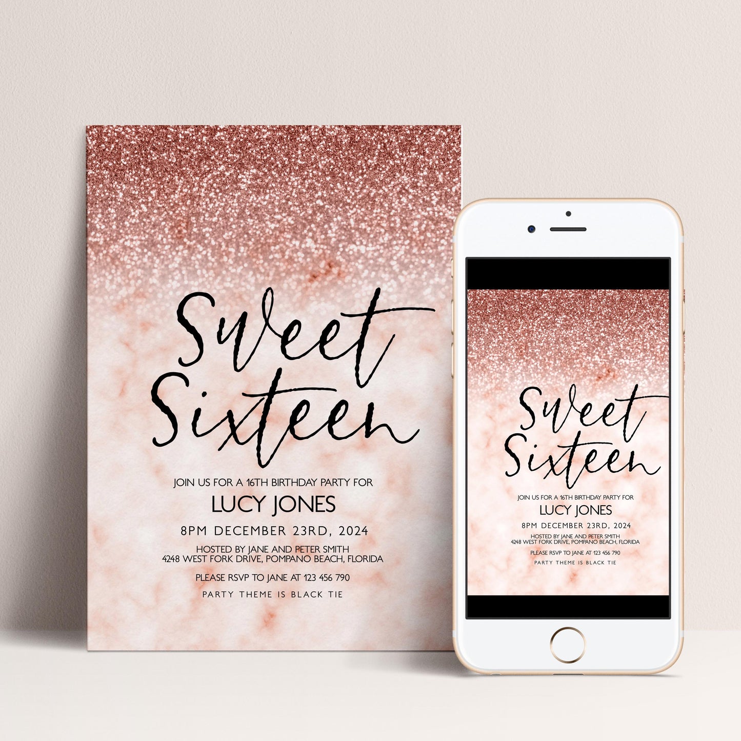 a pink glittery background with the text "Sweet Sixteen" written in black cursive font. The text is displayed on a piece of paper and a smartphone screen, both showing the same design.
