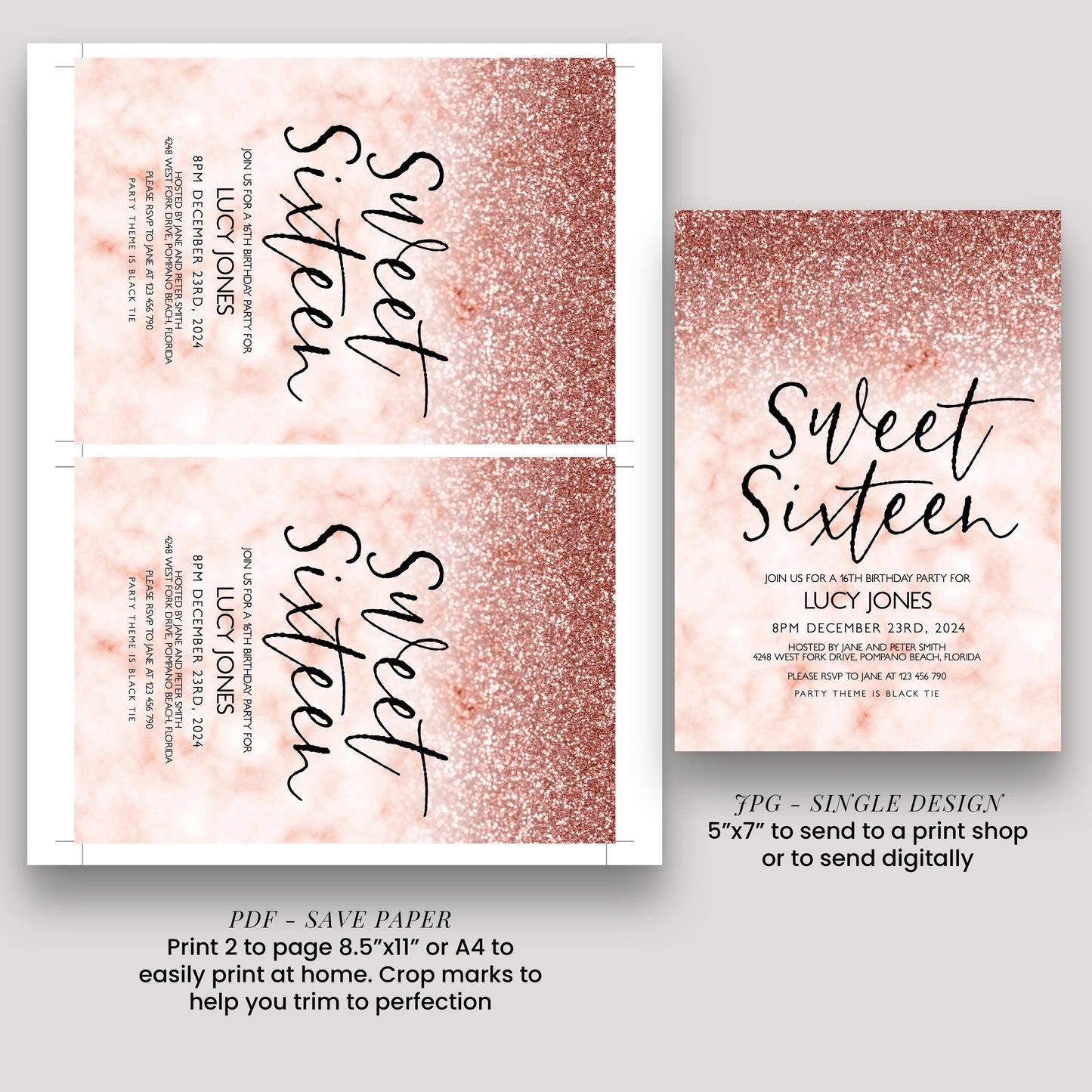 a pink glittery background with the text "Sweet Sixteen" written in cursive. There are three different designs of Sweet Sixteen invitations, each with a different size and orientation. The first design is a larger, rectangular invitation, the second design is a smaller, square invitation, and the third design is a single page invitation. The image also includes instructions for printing the invitations, such as printing 2 to page 8.5"x11" or 4x4" to send to a print shop