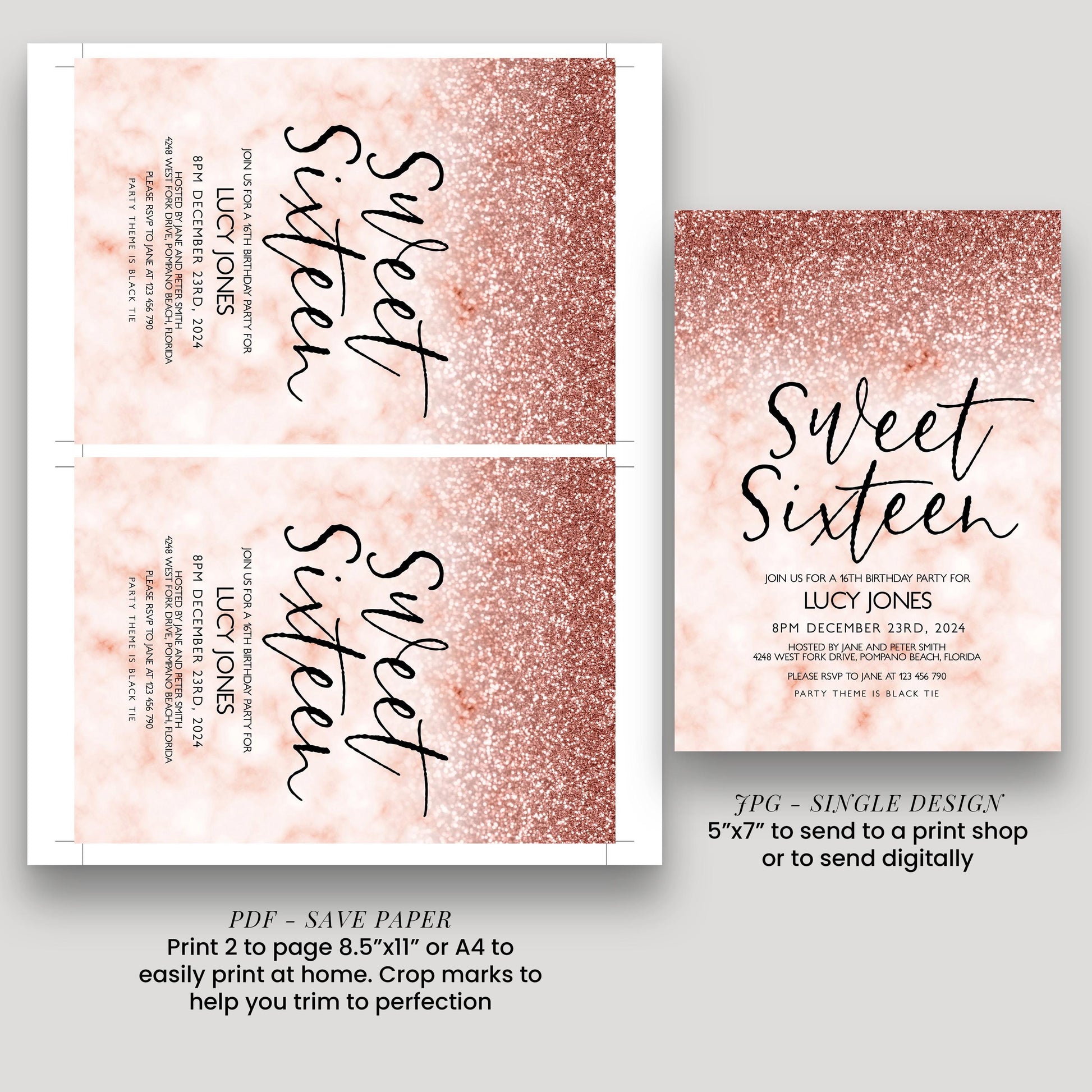 a pink glittery background with the text "Sweet Sixteen" written in cursive. There are three different designs of Sweet Sixteen invitations, each with a different size and orientation. The first design is a larger, rectangular invitation, the second design is a smaller, square invitation, and the third design is a single page invitation. The image also includes instructions for printing the invitations, such as printing 2 to page 8.5"x11" or 4x4" to send to a print shop