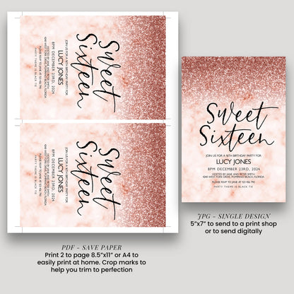 a pink glittery background with the text "Sweet Sixteen" written in cursive. There are three different designs of Sweet Sixteen invitations, each with a different size and orientation. The first design is a larger, rectangular invitation, the second design is a smaller, square invitation, and the third design is a single page invitation. The image also includes instructions for printing the invitations, such as printing 2 to page 8.5"x11" or 4x4" to send to a print shop