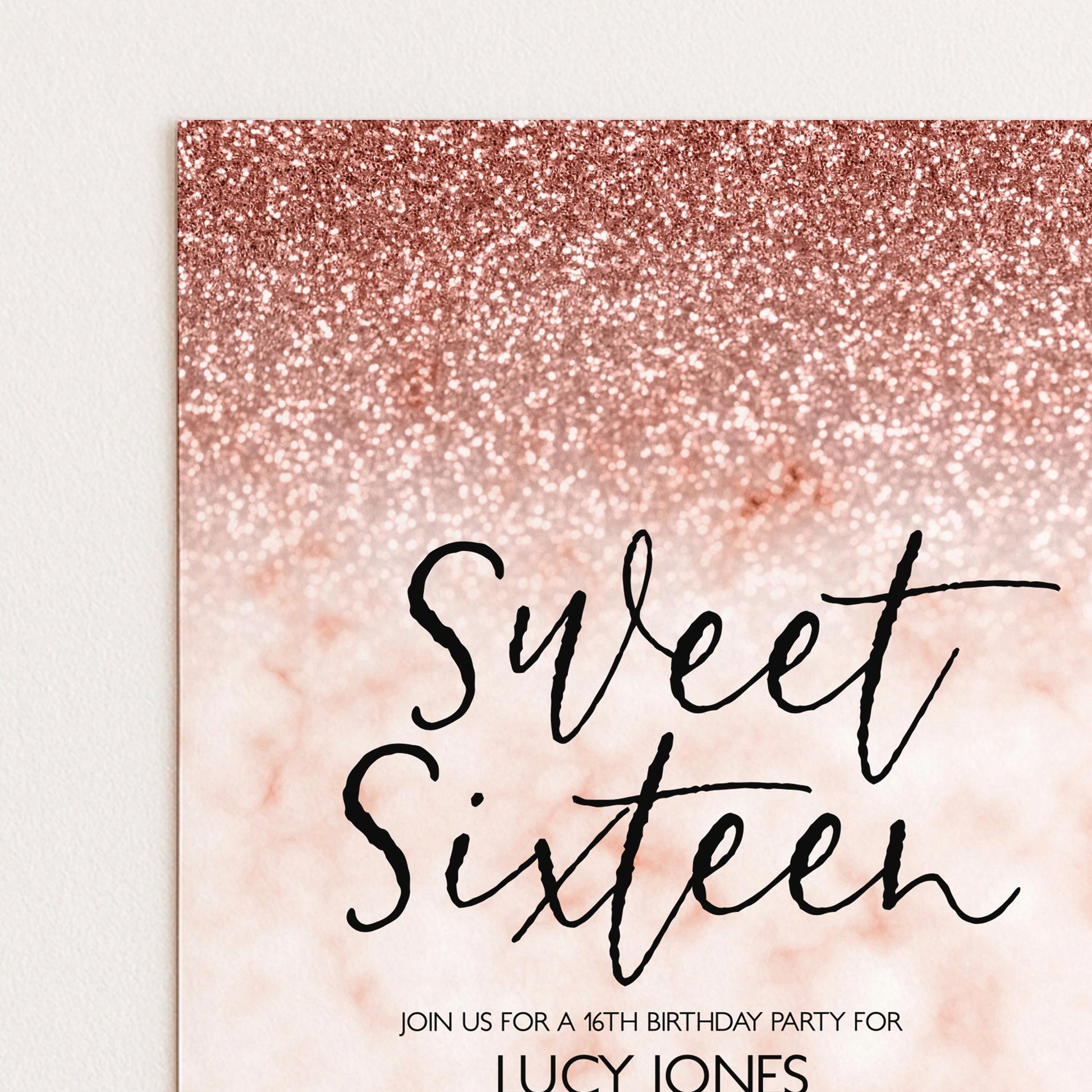 The image is a pink glittery background with the text "Sweet Sixteen" written in cursive font.