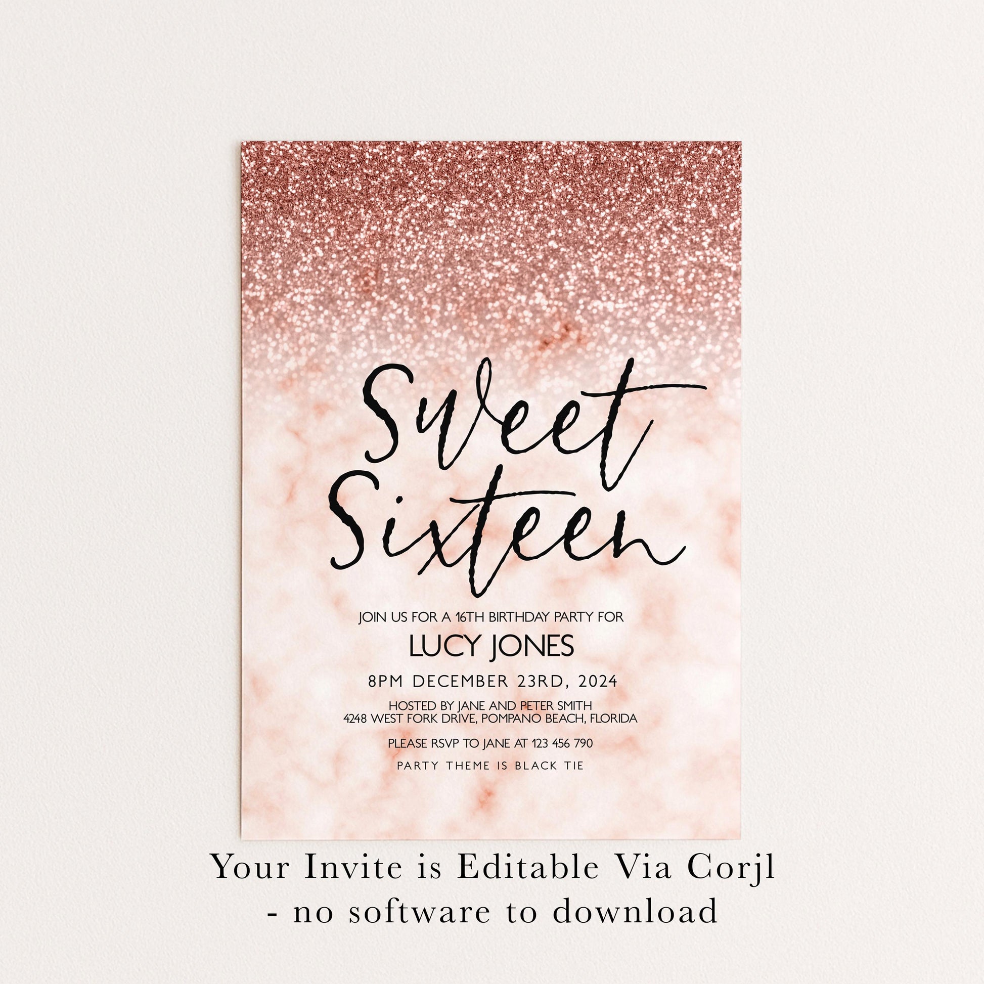 The image is a birthday party invitation for a 16th birthday party for Lucy Jones. The invitation is for a 16th birthday party on December 23rd, 2023, hosted by Jane and Peter Smith at West Fork, Naples, Florida. The invitation is for a party at Jane's house on January 23rd, 2023, and includes a black tie dress code. The invitation is editable via Corjl, and there is no software to download.