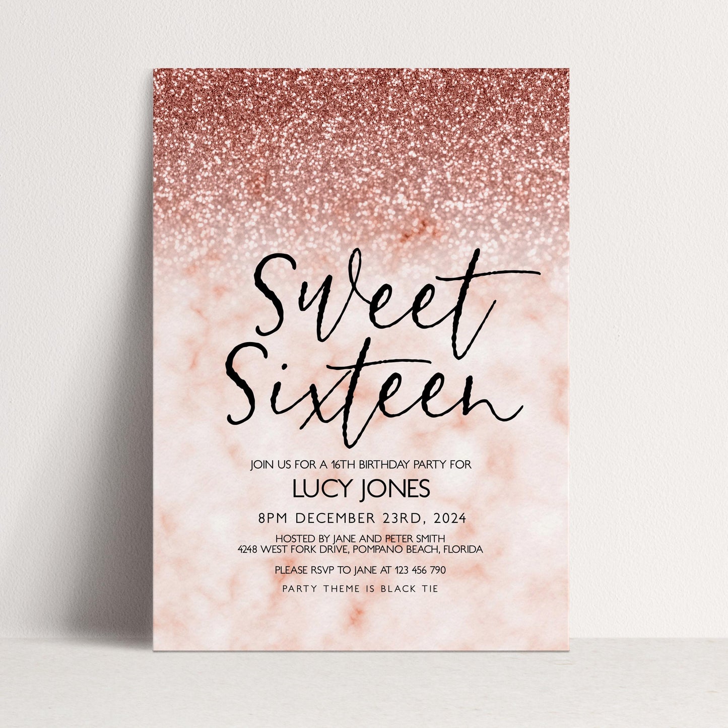 The image is a birthday party invitation for a 16th birthday celebration for Lucy Jones. The invitation is for a 16th birthday party on December 23rd, 2024, at 4:48 West Fork Drive, Portland Beach, Florida. The event is to be held at the party location, and guests are requested to arrive at the party at 8:00 PM. The theme is black tie, and the invitation is for a sweet sixteen party.