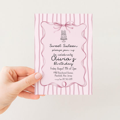 Editable Sweet 16 Pink Bow Birthday Invitation, Coquette Birthday Party Invite, Pink Stripe Birthday Invite Elegant Girls Printable Template