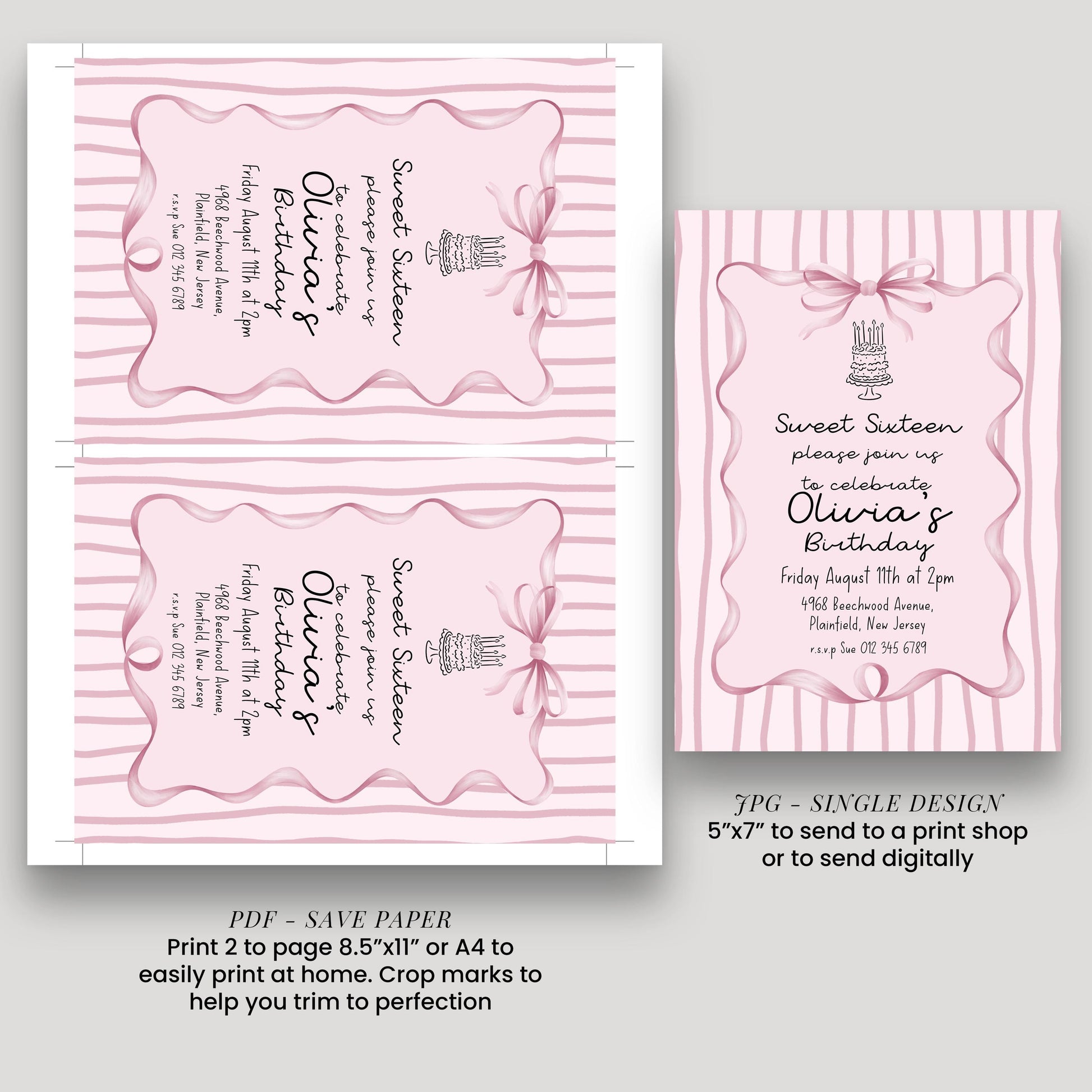 Editable Sweet 16 Pink Bow Birthday Invitation, Coquette Birthday Party Invite, Pink Stripe Birthday Invite Elegant Girls Printable Template