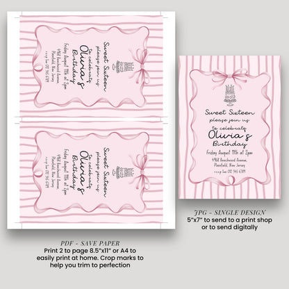 Editable Sweet 16 Pink Bow Birthday Invitation, Coquette Birthday Party Invite, Pink Stripe Birthday Invite Elegant Girls Printable Template