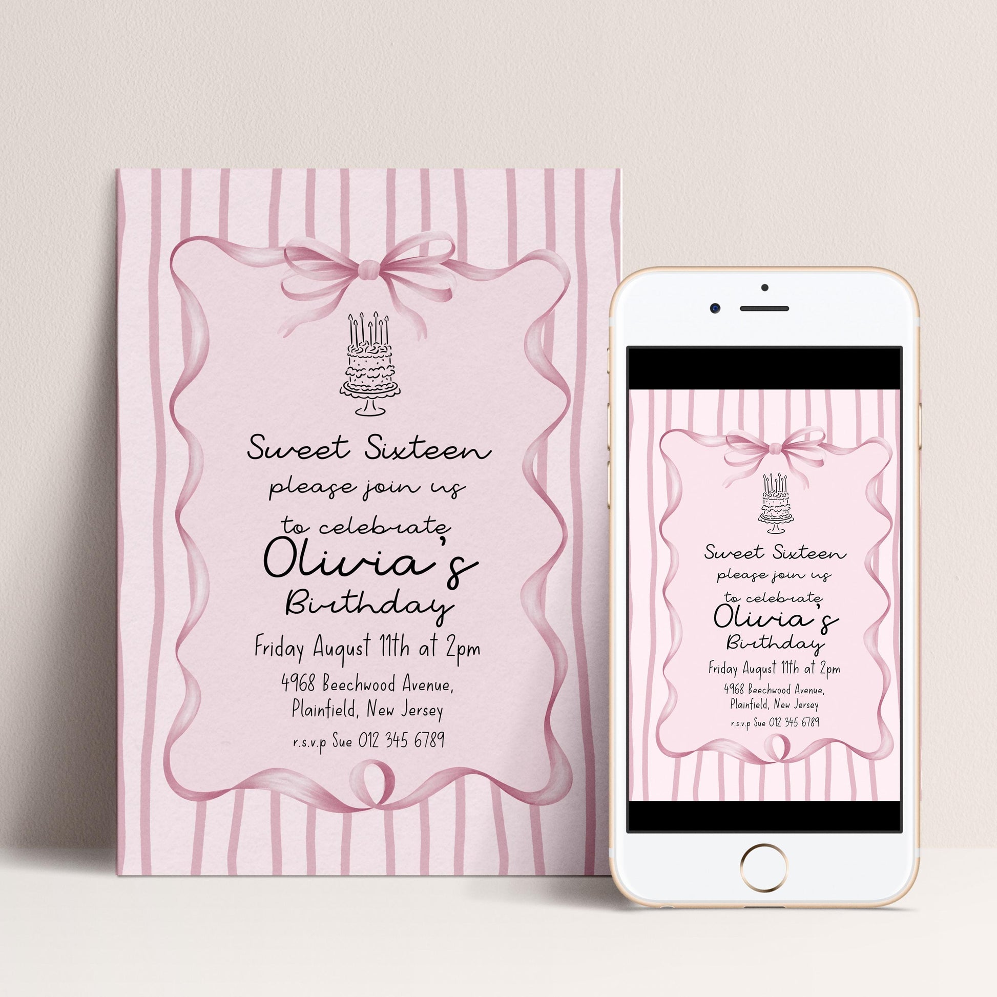 Editable Sweet 16 Pink Bow Birthday Invitation, Coquette Birthday Party Invite, Pink Stripe Birthday Invite Elegant Girls Printable Template