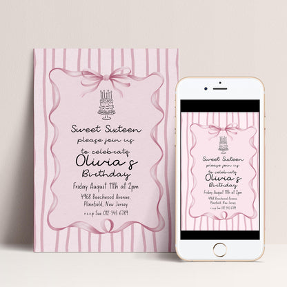 Editable Sweet 16 Pink Bow Birthday Invitation, Coquette Birthday Party Invite, Pink Stripe Birthday Invite Elegant Girls Printable Template