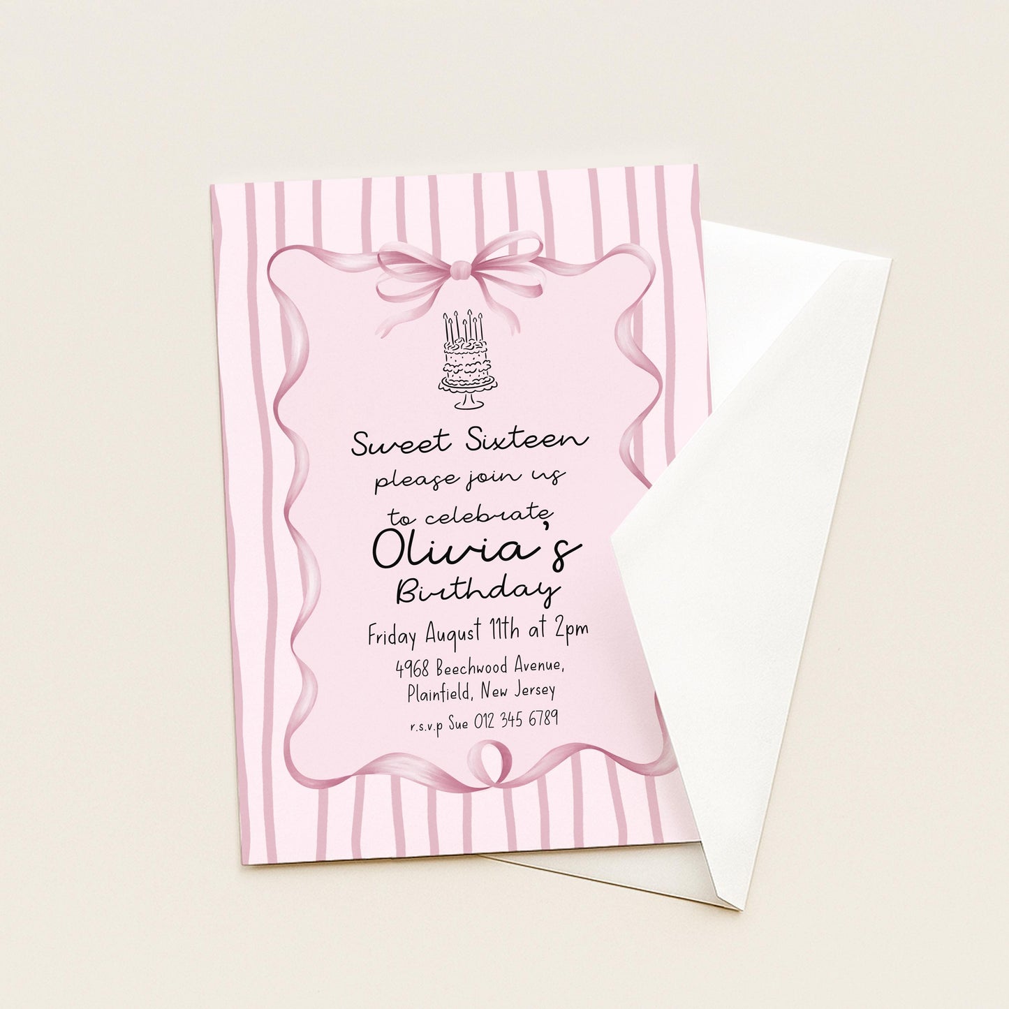 Editable Sweet 16 Pink Bow Birthday Invitation, Coquette Birthday Party Invite, Pink Stripe Birthday Invite Elegant Girls Printable Template