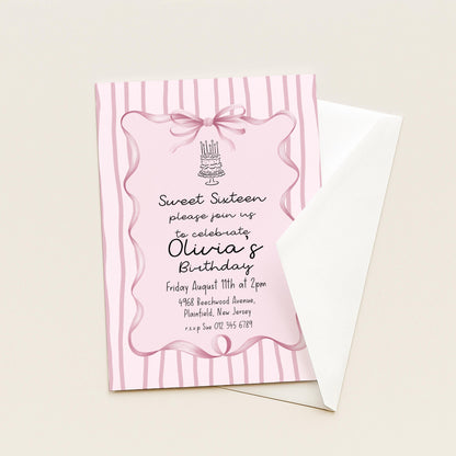 Editable Sweet 16 Pink Bow Birthday Invitation, Coquette Birthday Party Invite, Pink Stripe Birthday Invite Elegant Girls Printable Template