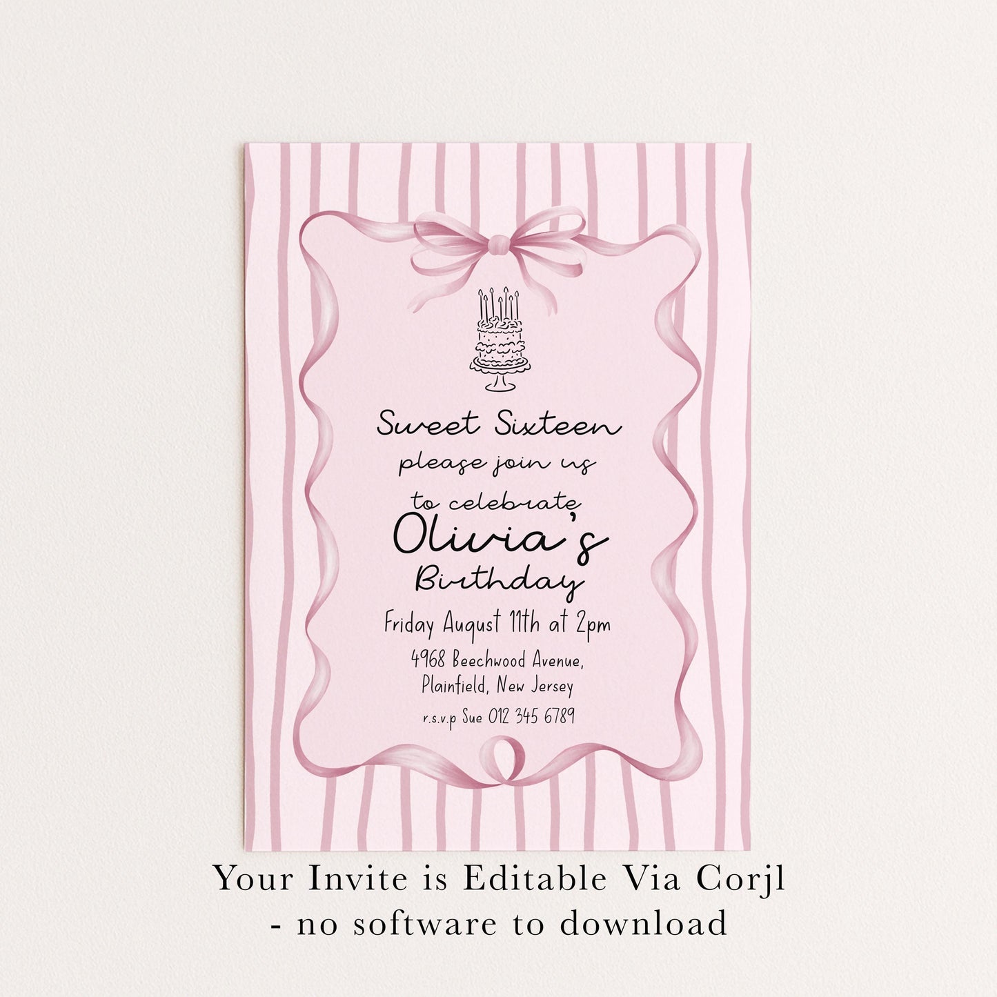 Editable Sweet 16 Pink Bow Birthday Invitation, Coquette Birthday Party Invite, Pink Stripe Birthday Invite Elegant Girls Printable Template