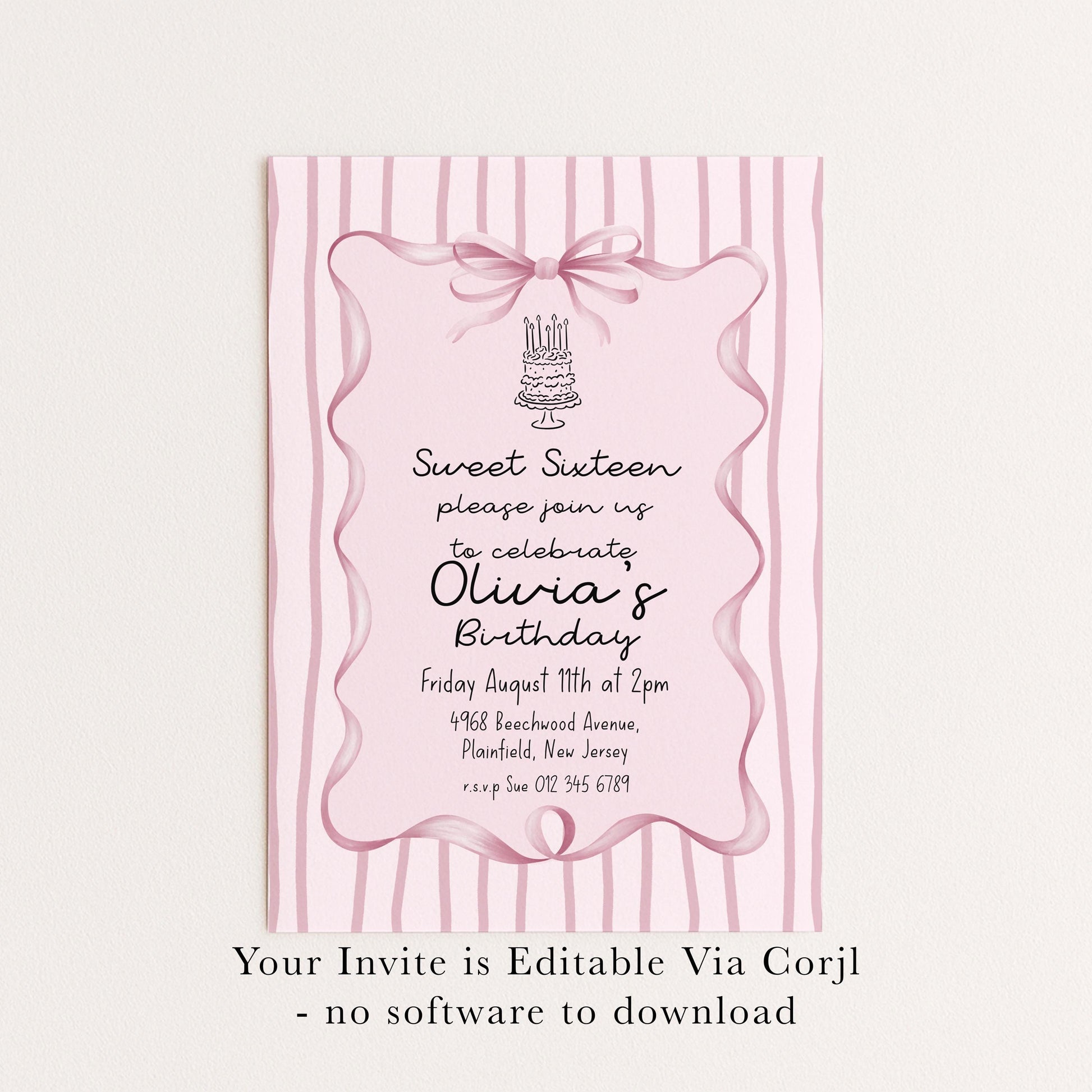 Editable Sweet 16 Pink Bow Birthday Invitation, Coquette Birthday Party Invite, Pink Stripe Birthday Invite Elegant Girls Printable Template