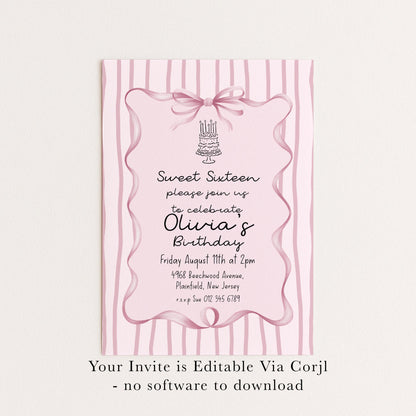 Editable Sweet 16 Pink Bow Birthday Invitation, Coquette Birthday Party Invite, Pink Stripe Birthday Invite Elegant Girls Printable Template