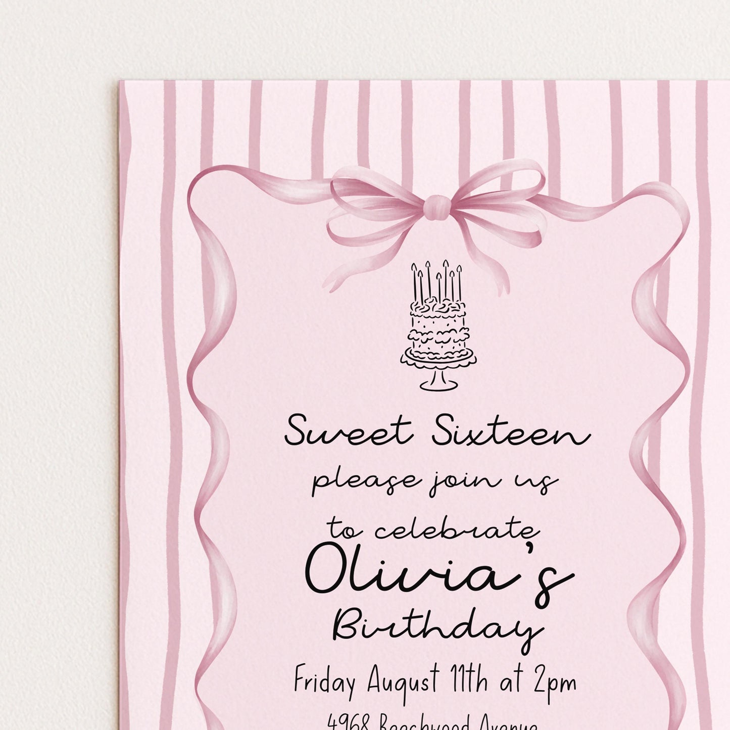 Editable Sweet 16 Pink Bow Birthday Invitation, Coquette Birthday Party Invite, Pink Stripe Birthday Invite Elegant Girls Printable Template