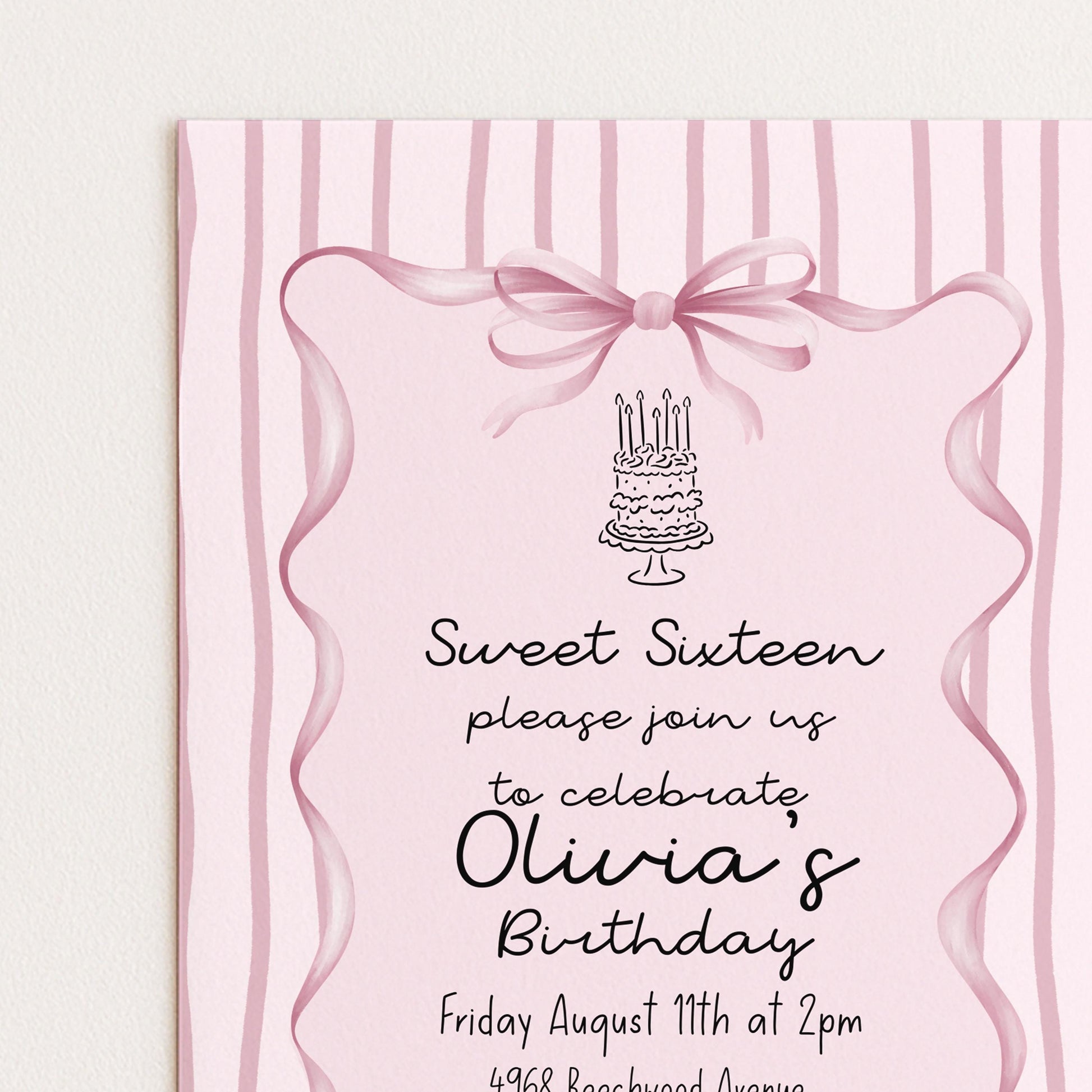 Editable Sweet 16 Pink Bow Birthday Invitation, Coquette Birthday Party Invite, Pink Stripe Birthday Invite Elegant Girls Printable Template