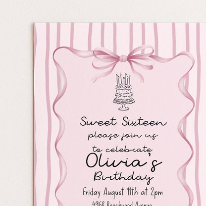 Editable Sweet 16 Pink Bow Birthday Invitation, Coquette Birthday Party Invite, Pink Stripe Birthday Invite Elegant Girls Printable Template
