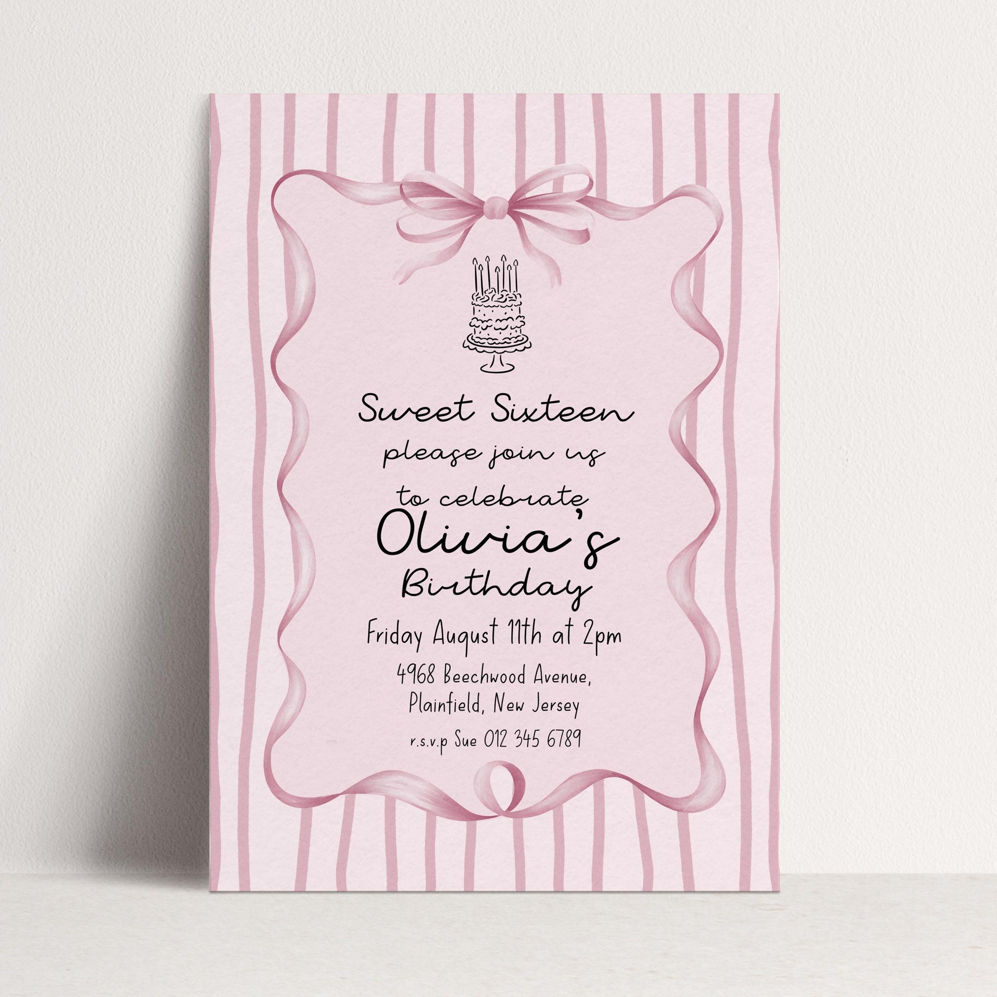 Editable Sweet 16 Pink Bow Birthday Invitation, Coquette Birthday Party Invite, Pink Stripe Birthday Invite Elegant Girls Printable Template